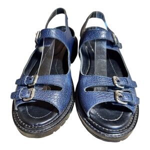 Rachel Comey Adams navy blue croc embossed leather platform fisherman sandals